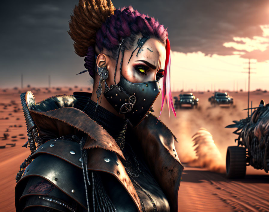 Woman with Mohawk in Armor Watches Desert Car Chase