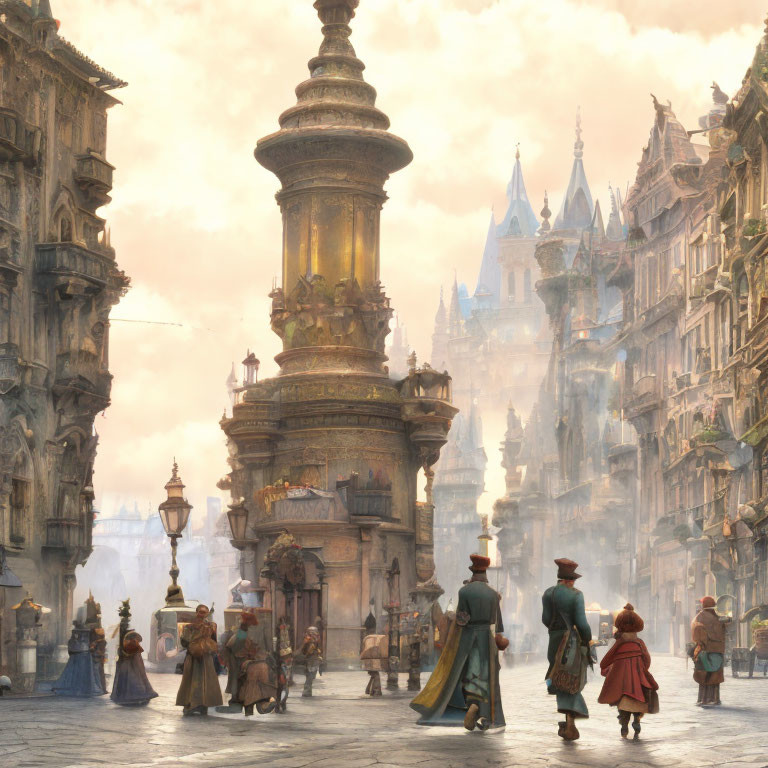 Fantasy city scene with ornate buildings, monument, and traditional attire.