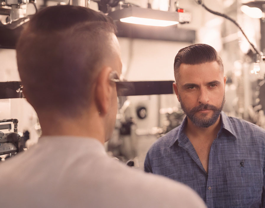 Man with Slicked-Back Hair and Beard Reflected in Industrial-Lit Room