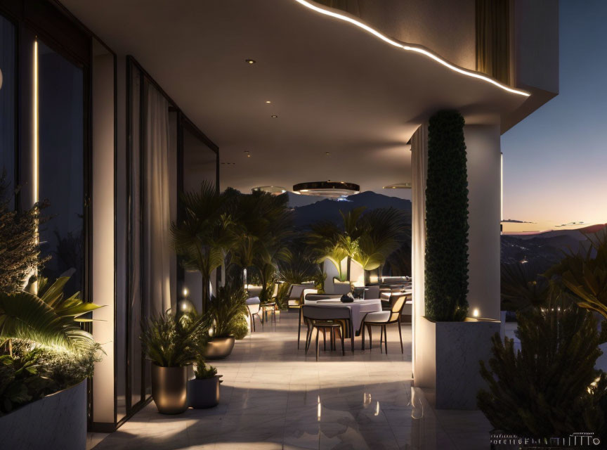 Modern Restaurant Terrace with Elegant Lighting, Lush Plants, and Mountain View