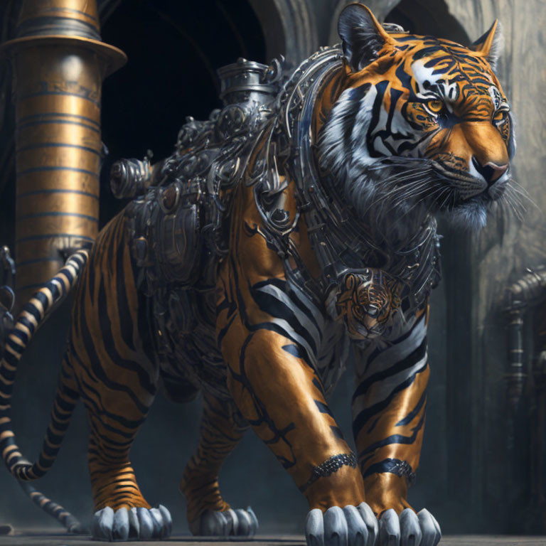 Steampunk tiger with cybernetic enhancements in industrial setting