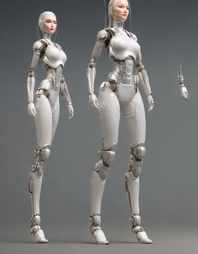 Sleek white and silver humanoid female robots with intricate joint designs on grey backdrop