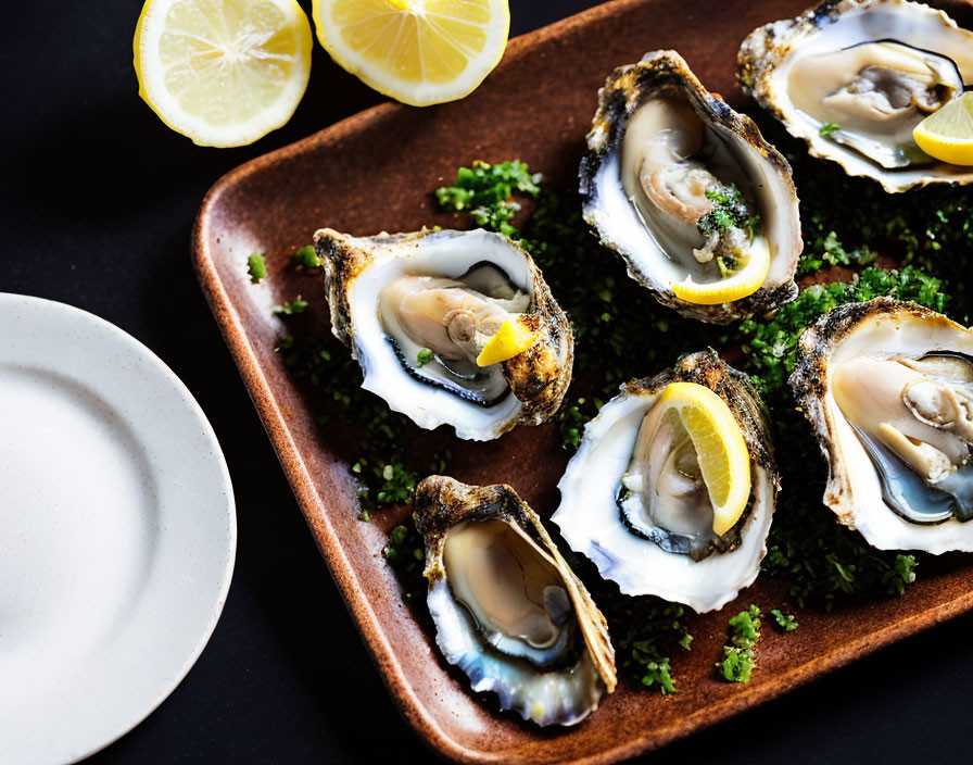 Plate of Fresh Oysters with Lemon and Parsley on Dark Table