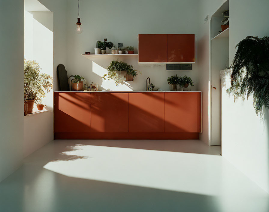 Contemporary kitchen with orange cabinets, white countertops, floating shelves, indoor plants, and natural light