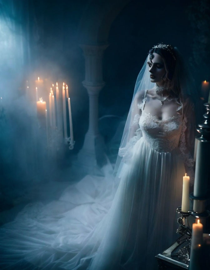 Bride in white dress and veil in candlelit, blue-tinted room