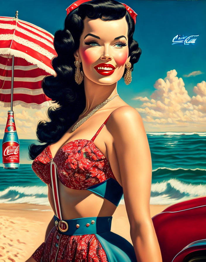 Vintage beach scene with smiling woman, Coca-Cola bottle, American flag, and classic car.