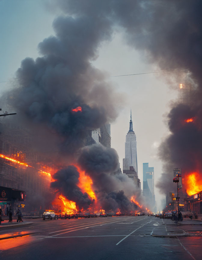 City street with burning vehicles and skyscraper silhouette in smoky scene