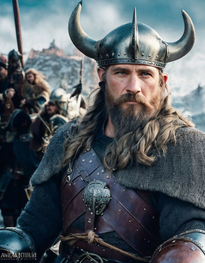 Bearded Viking man in horned helmet and chainmail armor with warriors in background