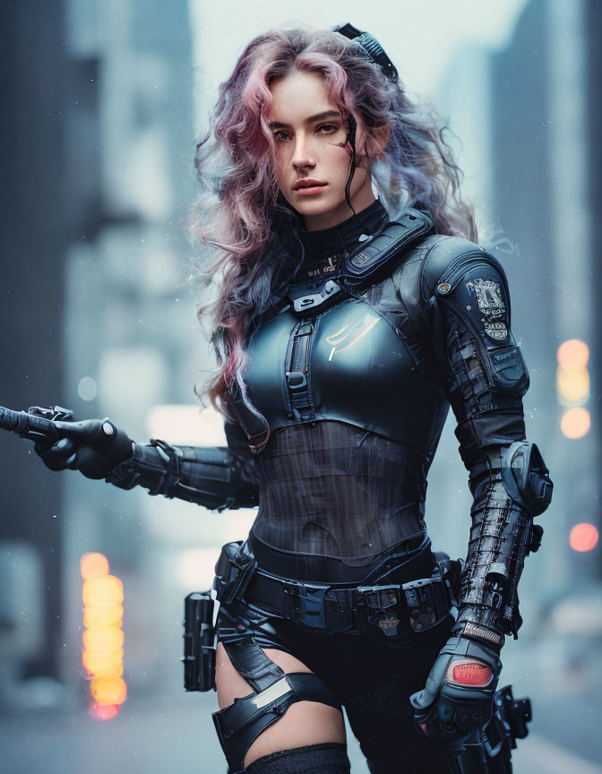 Futuristic armor-clad woman with wavy purple hair in urban landscape