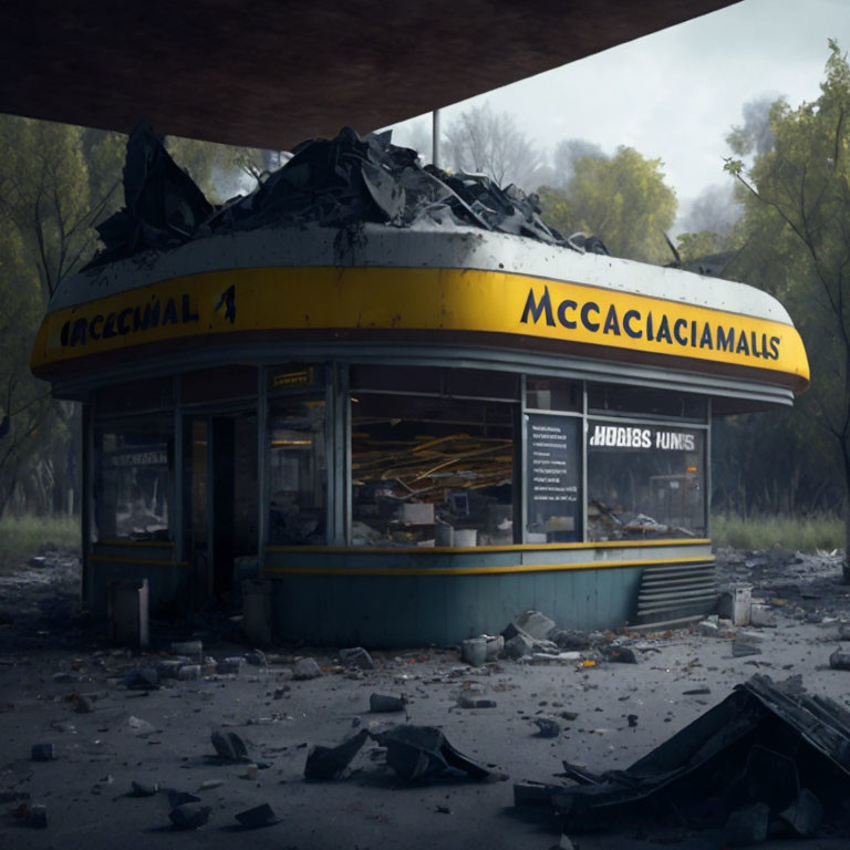 Abandoned fast-food kiosk in desolate landscape