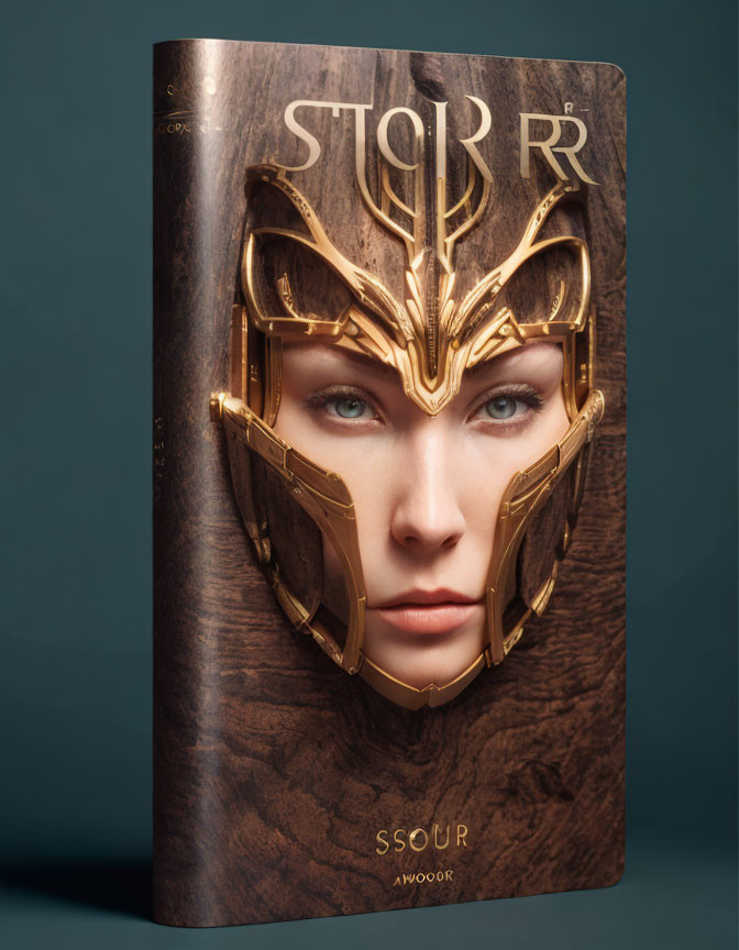 Realistic 3D Woman's Face with Blue Eyes on Golden Helmet Book Cover