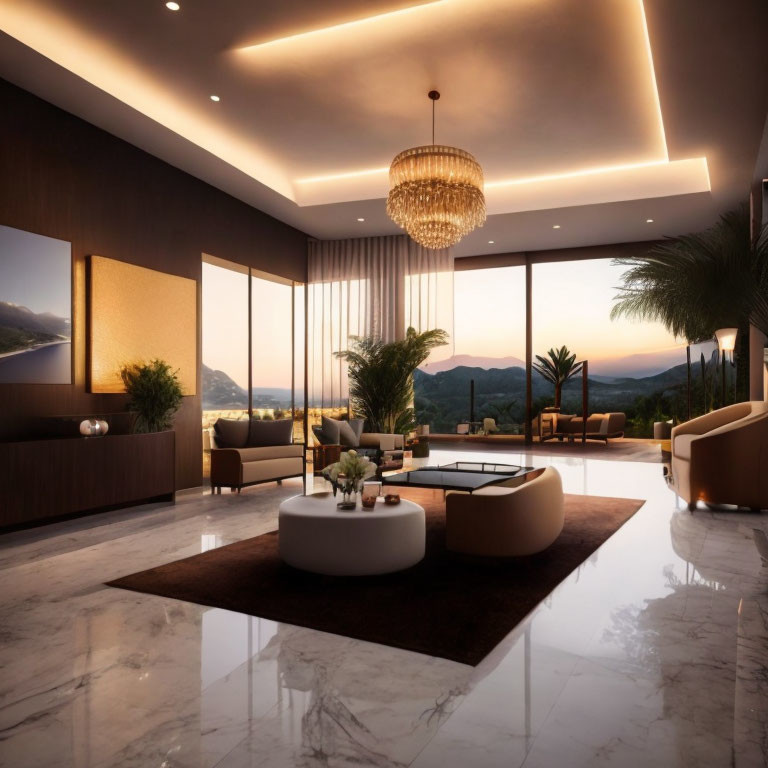 Modern Living Room with Marble Floors and Mountain View