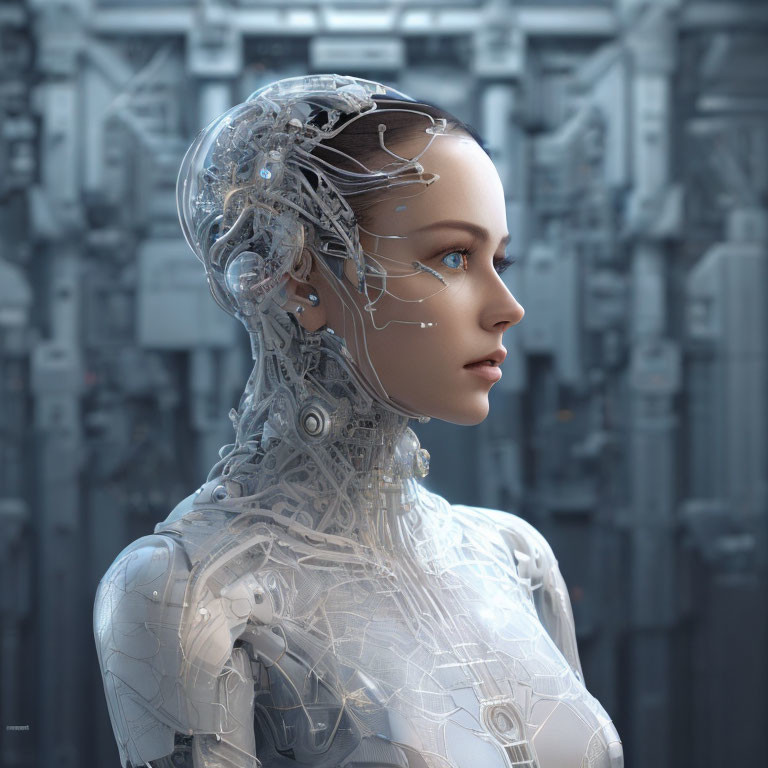 Female Android with Exposed Mechanical Parts Against High-Tech Background