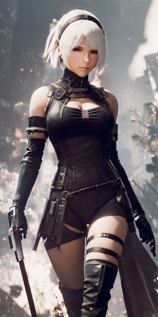 White-Haired Female Character in Black Combat Outfit with Sword and Ruins Background