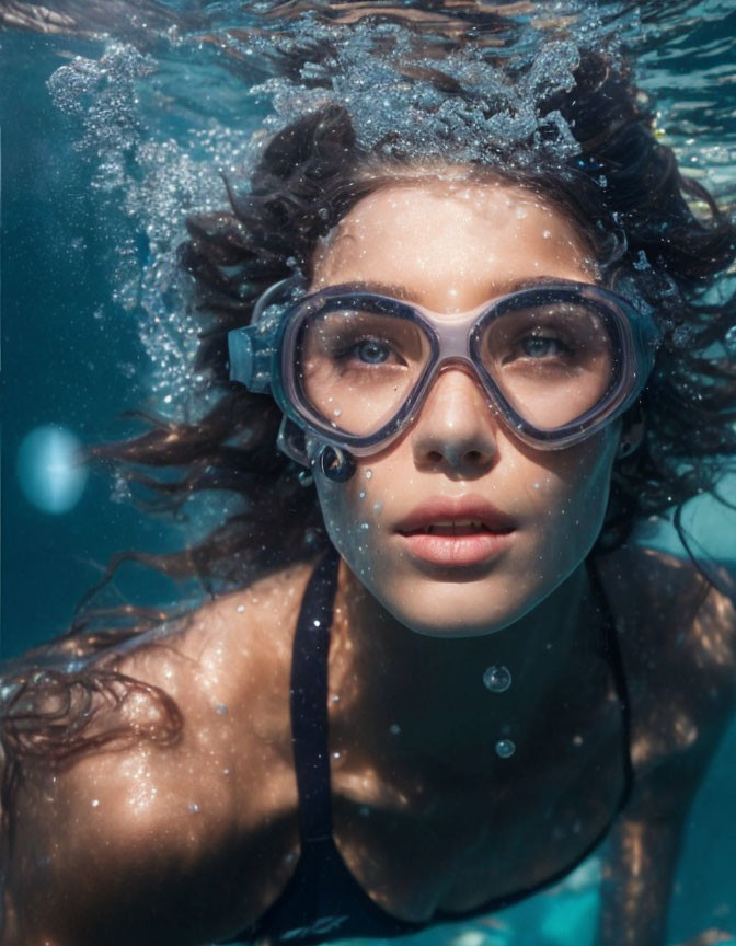 Young woman underwater with goggles, bubbles, flowing hair, and light filtering