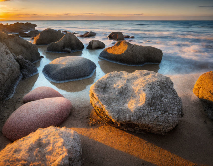 Scenic sunset on rocky beach with waves under golden sky