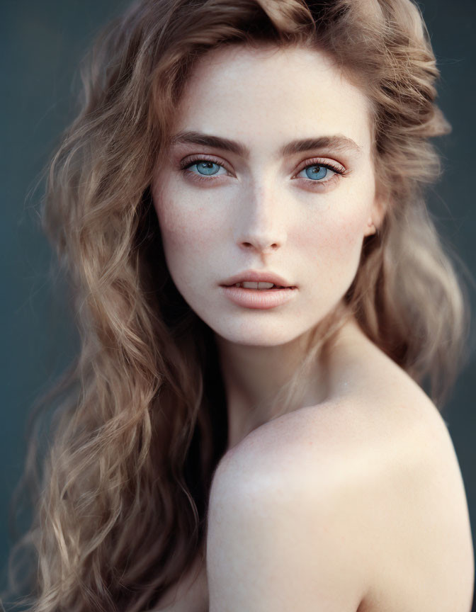 Woman with Wavy Hair and Blue Eyes Portrait on Muted Background