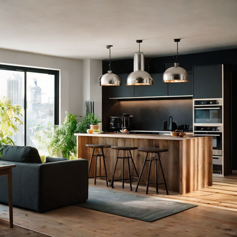 Sleek Kitchen with Bar Stools, Stainless Steel Appliances, Pendant Lights, and City View