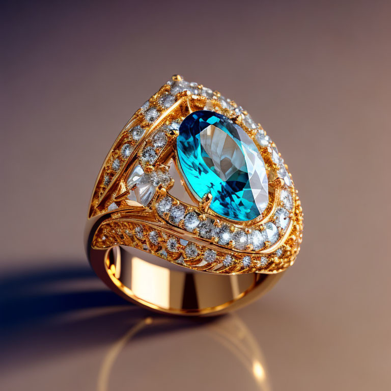 Gold Ring with Large Oval Blue Gemstone and Diamonds