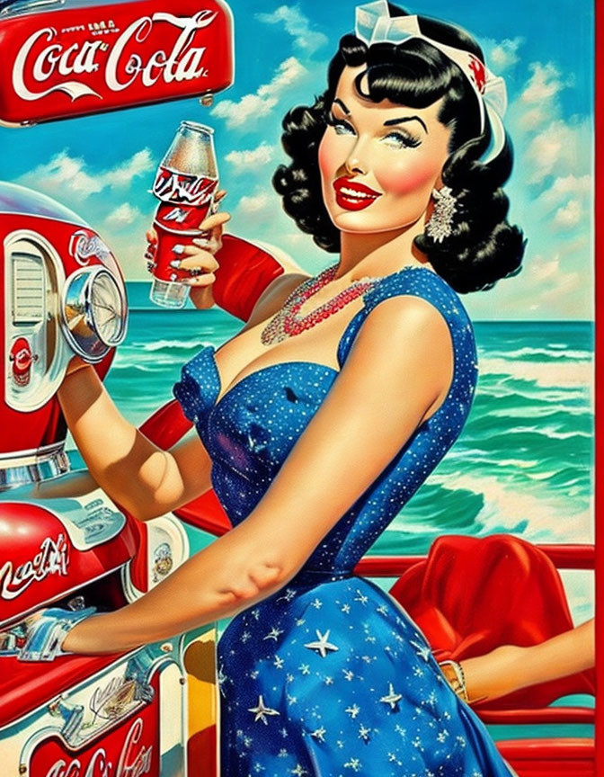 Smiling woman in blue polka dot dress with Coca-Cola bottle at soda dispenser