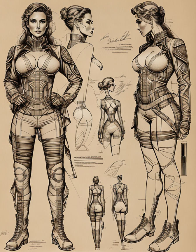 Detailed Futuristic Bodysuit Female Character Sketches with Annotations