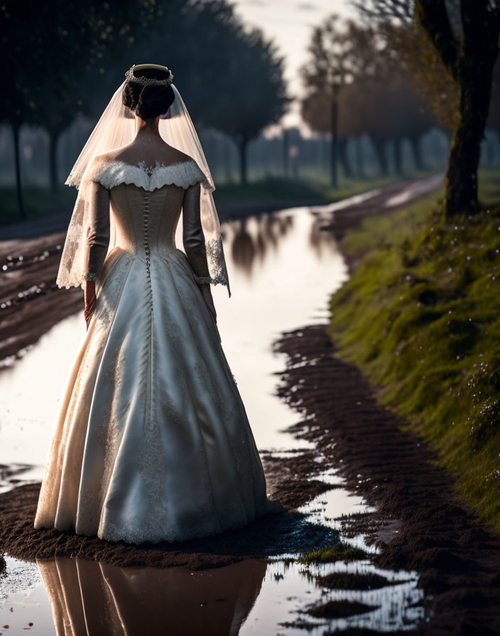 Bride in white gown by waterway in serene morning light