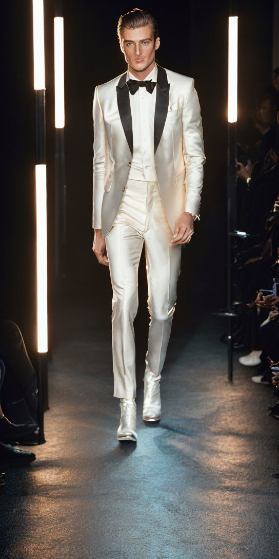 Man in White Tuxedo with Black Lapels on Runway with Vertical Lights