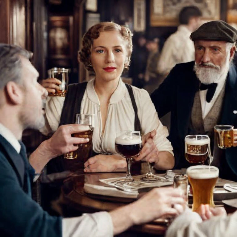 Vintage Attired Woman Sitting with Two Men at Pub Table Drinking Beer