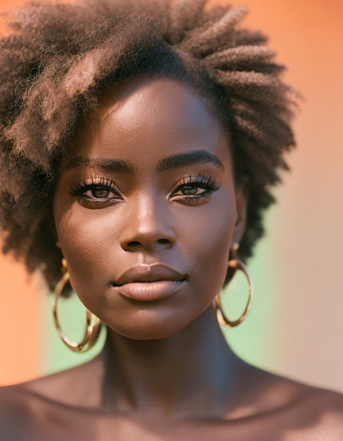 Portrait of woman with striking eyes and afro hair on orange background