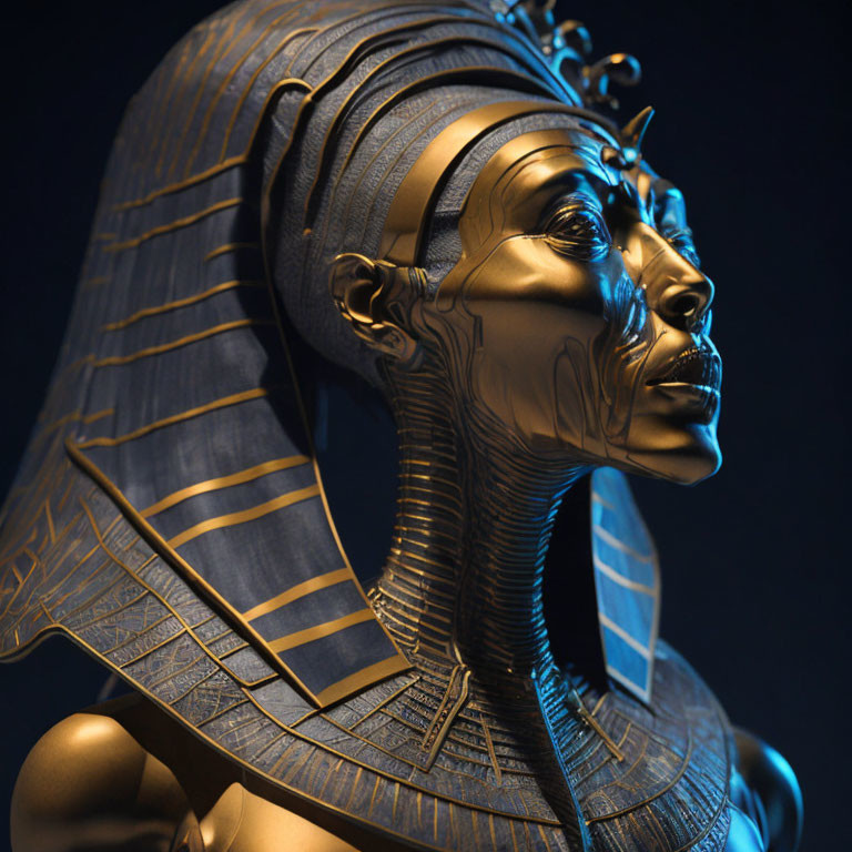 Metallic Egyptian Pharaoh Bust with Traditional Headcloth on Dark Background