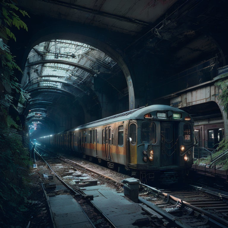 Abandoned subway train in dimly lit, overgrown station.