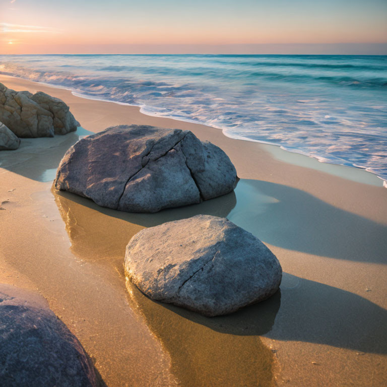 Tranquil beach scene at sunset with smooth rocks and gentle waves