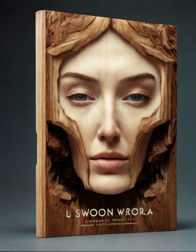 Hardcover book with woman's face merging with wood textures on cover