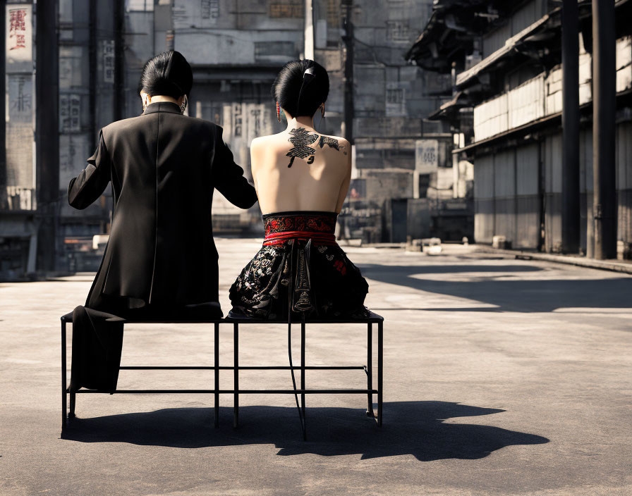 Stylish individuals with unique hairstyles on bench in urban setting