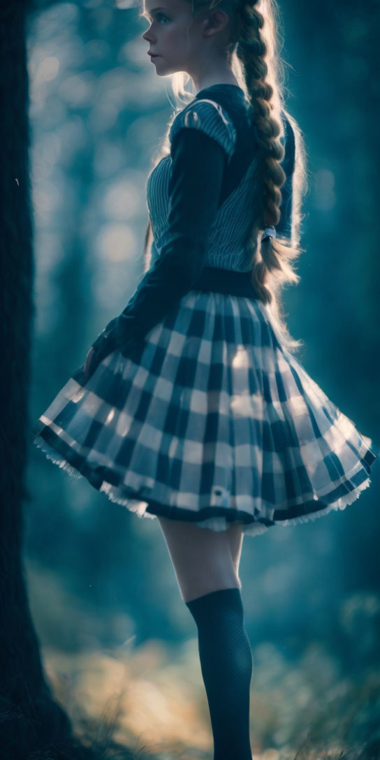 Girl with braided hair in checkered dress standing in forest with dappled light.