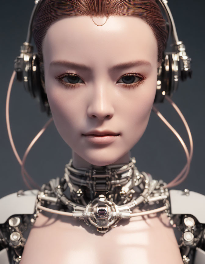 Detailed photorealistic image of female android with headphones and intricate facial and neck features.