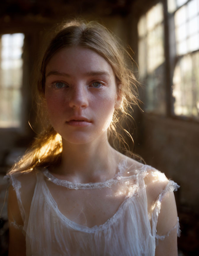 Fair-skinned woman in white top standing indoors with sunlight and shadows.