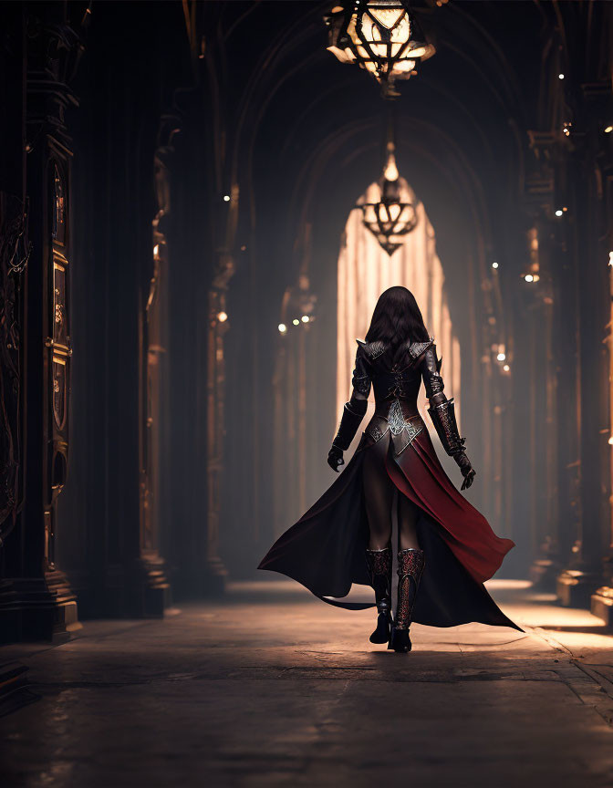 Dark figure in cloak and armor walking in gothic hallway with arches and chandelier