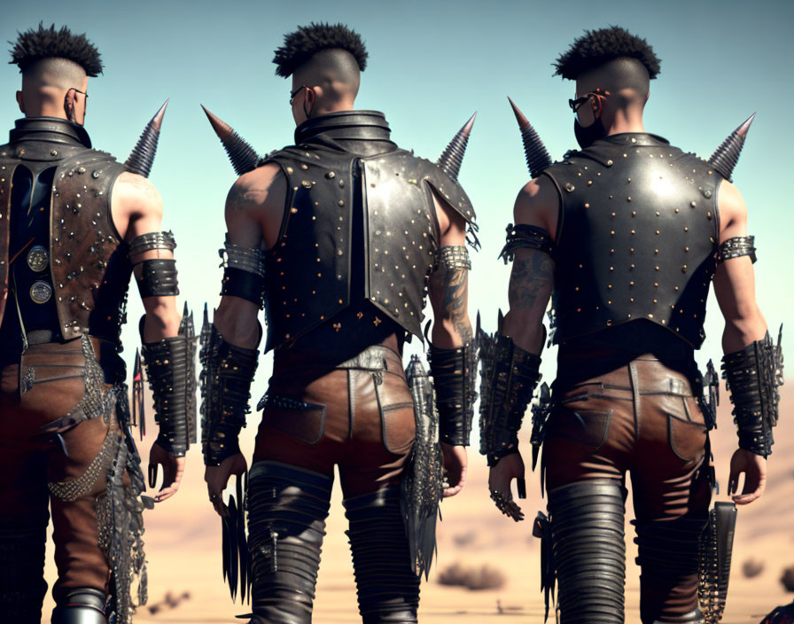 Three people in punk-style attire with spiked jackets and mohawk hairstyles in desert setting