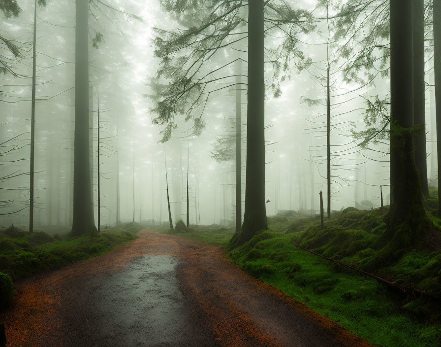 Misty forest with split path and tall trees