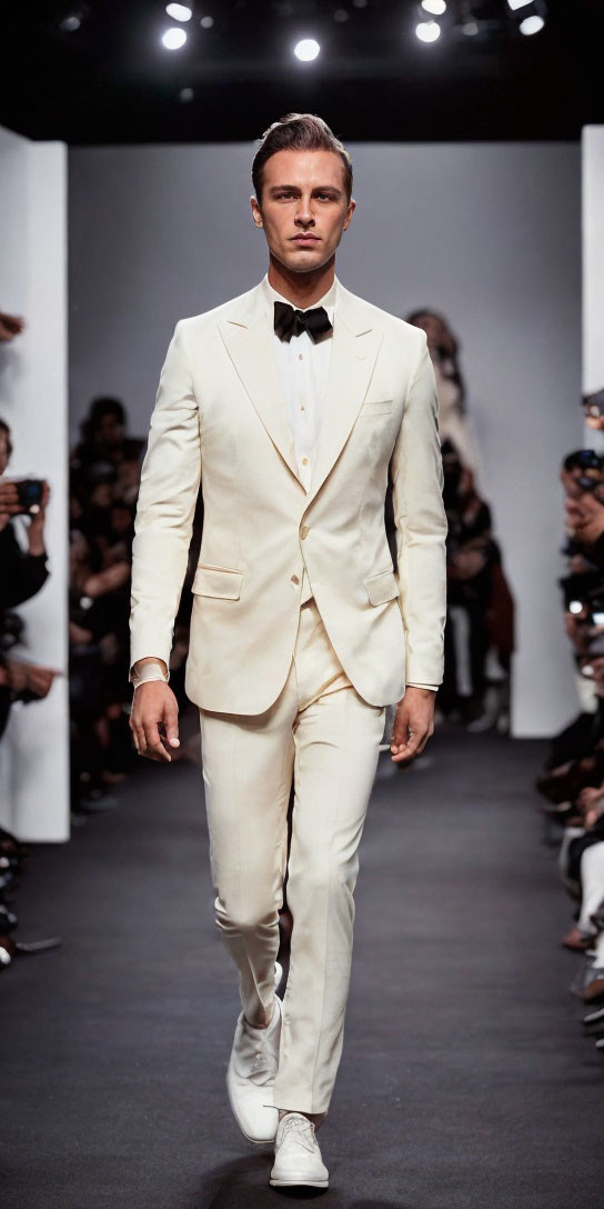 Fashion Runway Model in Cream Suit with Black Bow Tie