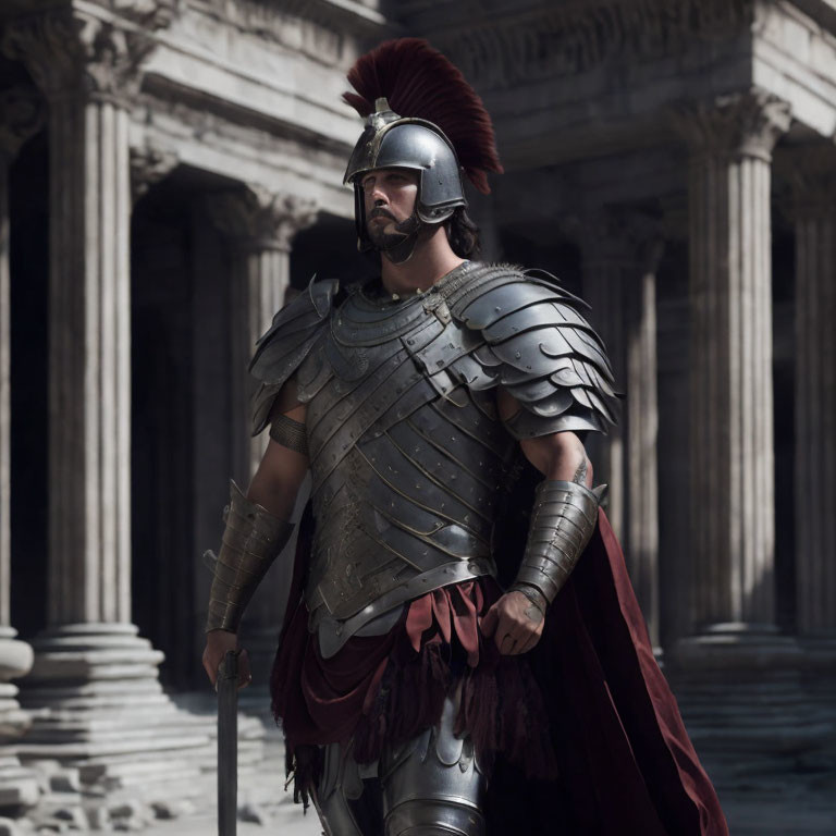 Ancient Roman soldier in red cape and armor by classical building