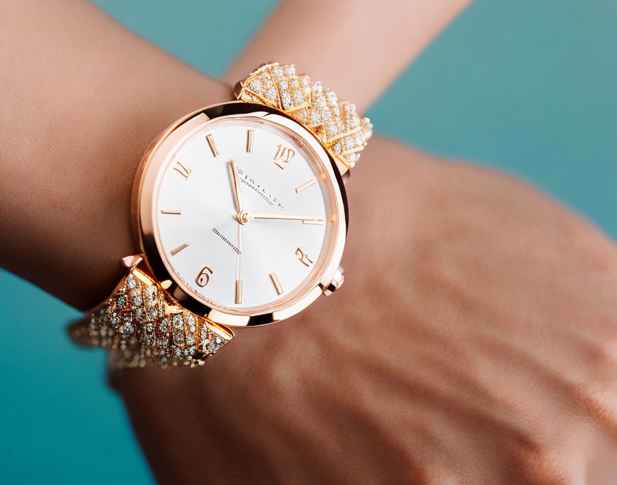 Rose Gold Watch and Jeweled Bracelets on Teal Background