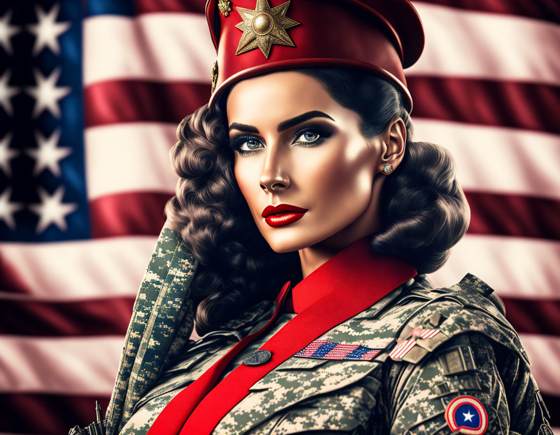 Digital illustration of woman in military uniform with medals and red cap in front of American flag