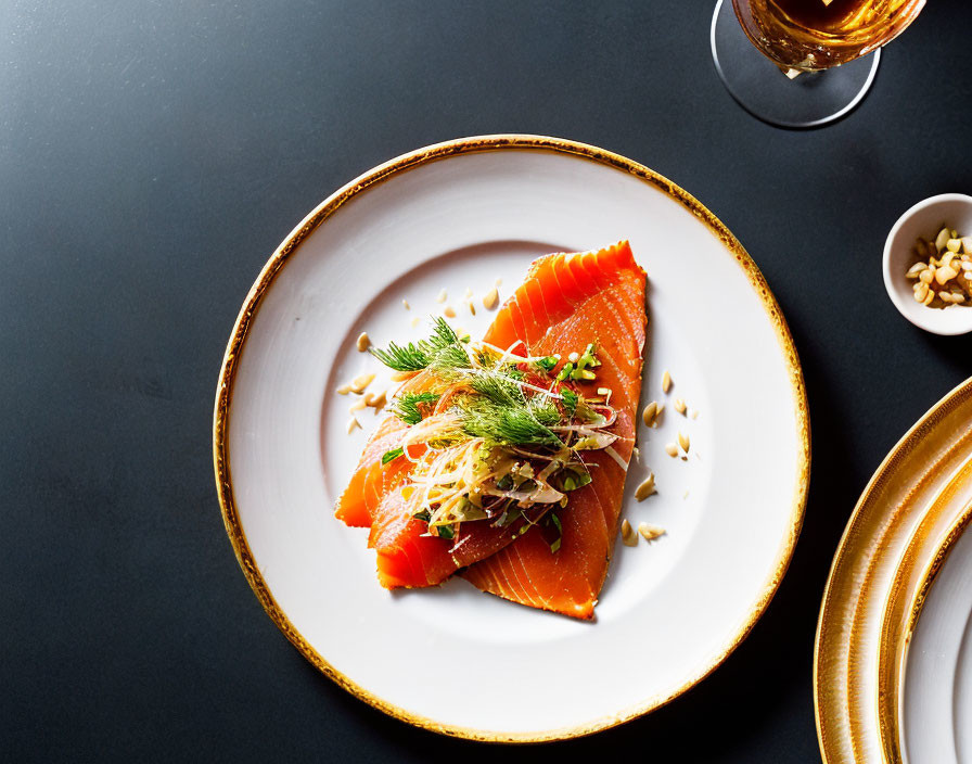 Smoked Salmon with Dill and Sprouts on White Plate