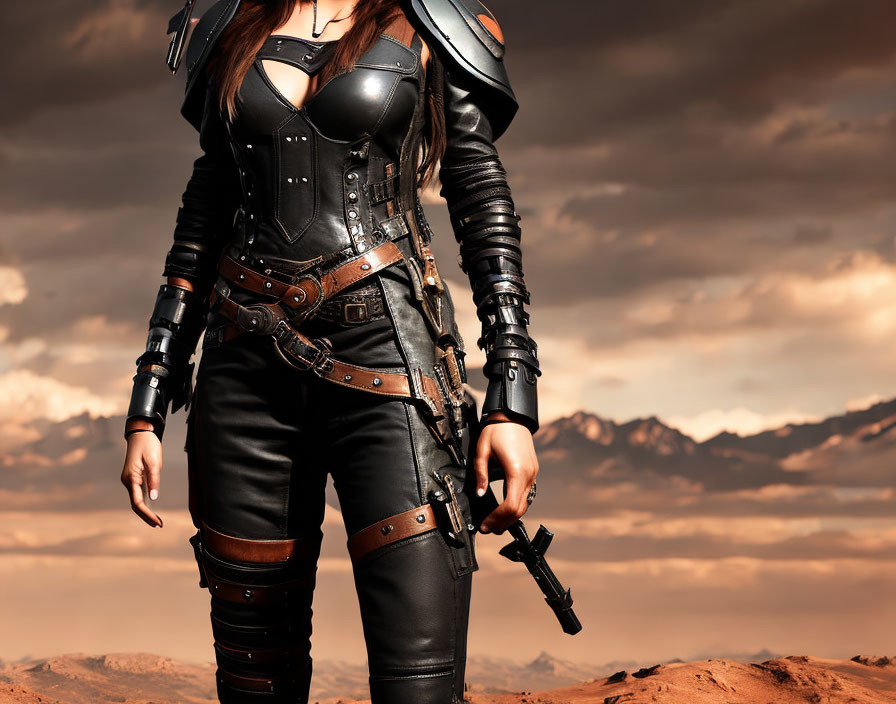 Person in Black Leather Outfit with Corset and Arm Guards Against Dusk Sky