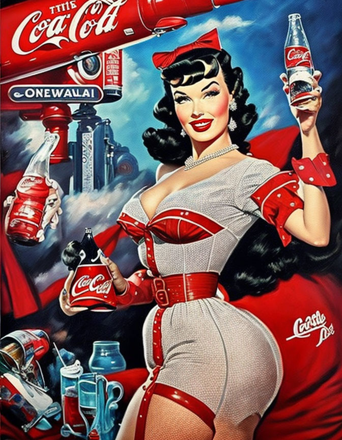 Vintage Coca-Cola-themed illustration of woman in red uniform pouring soda