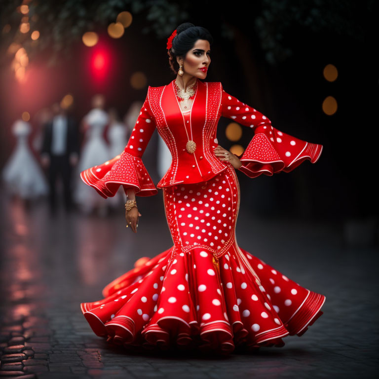 Elegant woman in red flamenco dress with polka dots on cobblestone street.