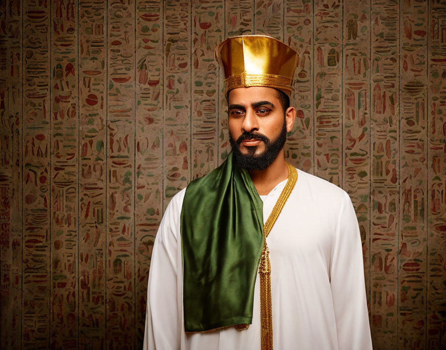 Ancient Egyptian man in white costume with gold crown and green shawl against hieroglyphic backdrop