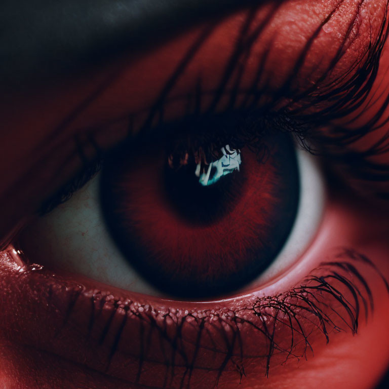 Detailed Close-Up of Human Eye with Red Eye Shadow and Lipstick